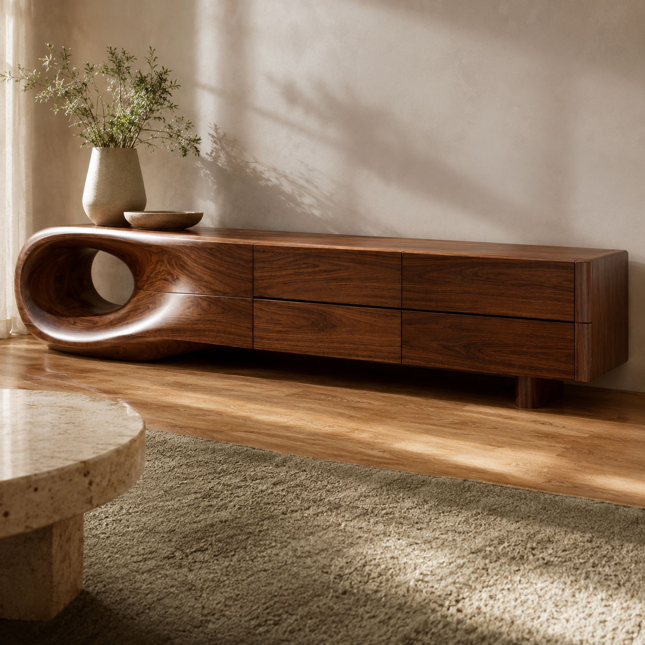 Floreno Curved Solid Wood TV Console For Living Room