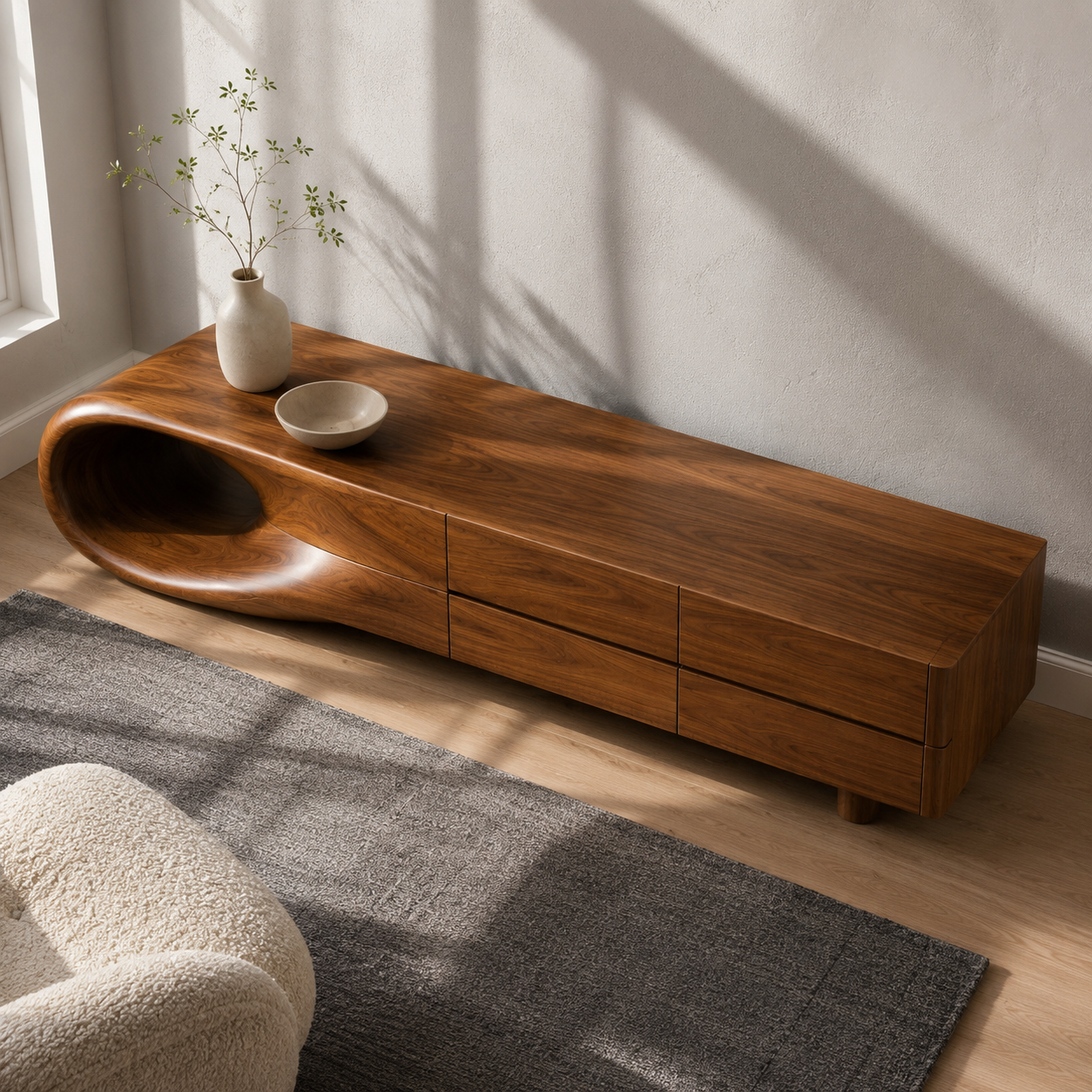 Floreno Curved Solid Wood TV Console For Living Room