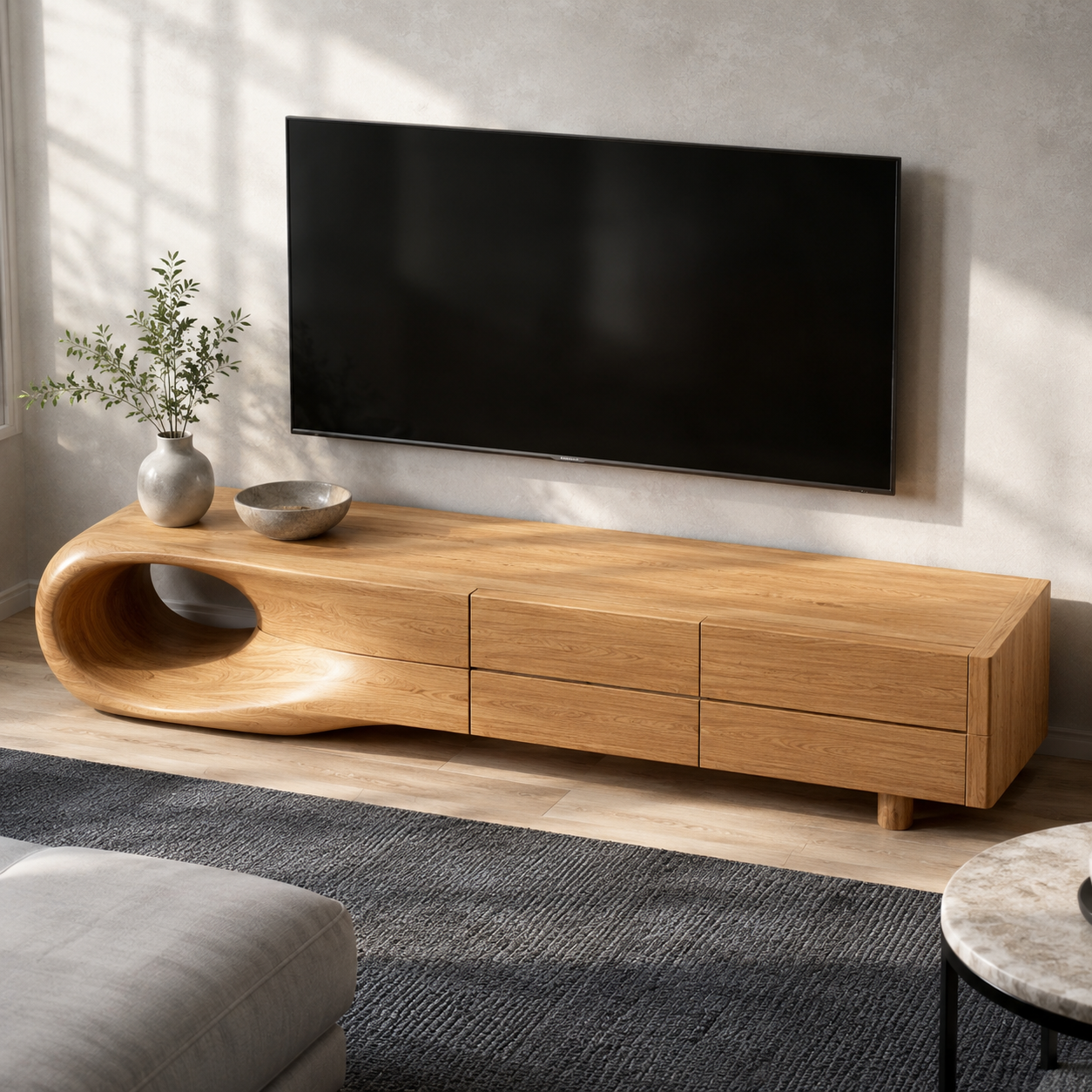 Floreno Curved Solid Wood TV Console For Living Room