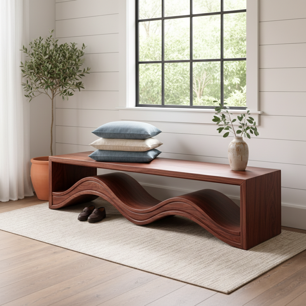 Ondelo Wave Design Solid Wood Bench For Entryway