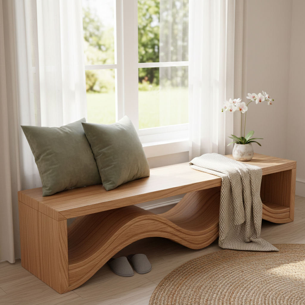 Ondelo Wave Design Solid Wood Bench For Entryway
