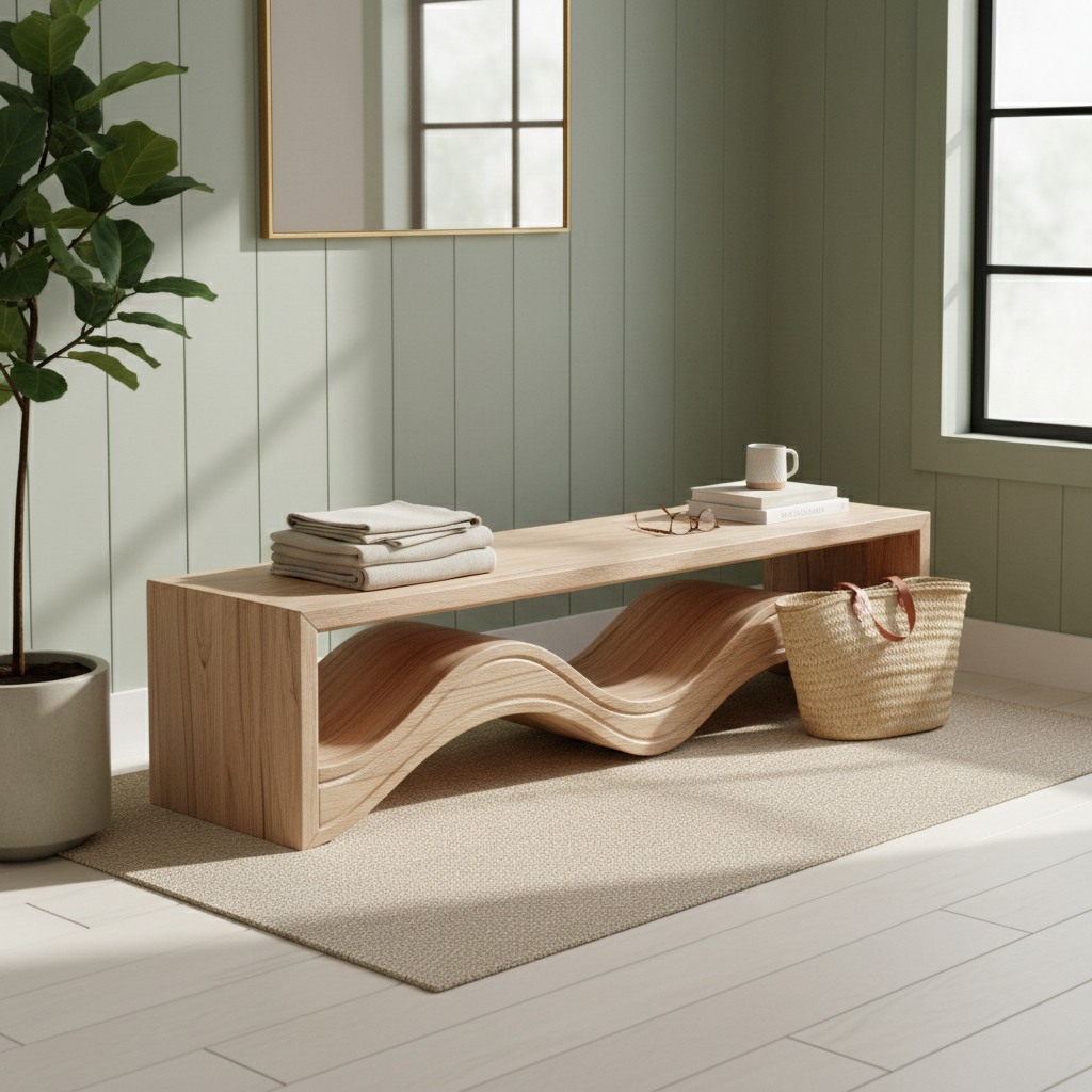 Ondelo Wave Design Solid Wood Bench For Entryway
