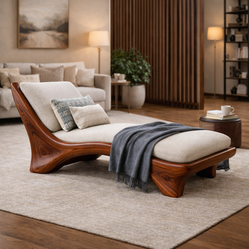 Serenna Curved Solid Wood Chaise Lounge For Living Room