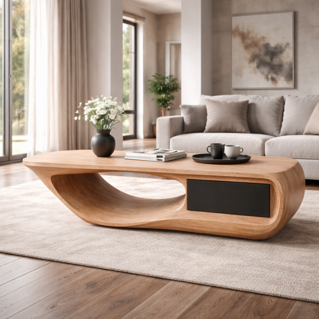 Sculptural Coffee Table with Curved Live Edge Design and Hidden Storage
