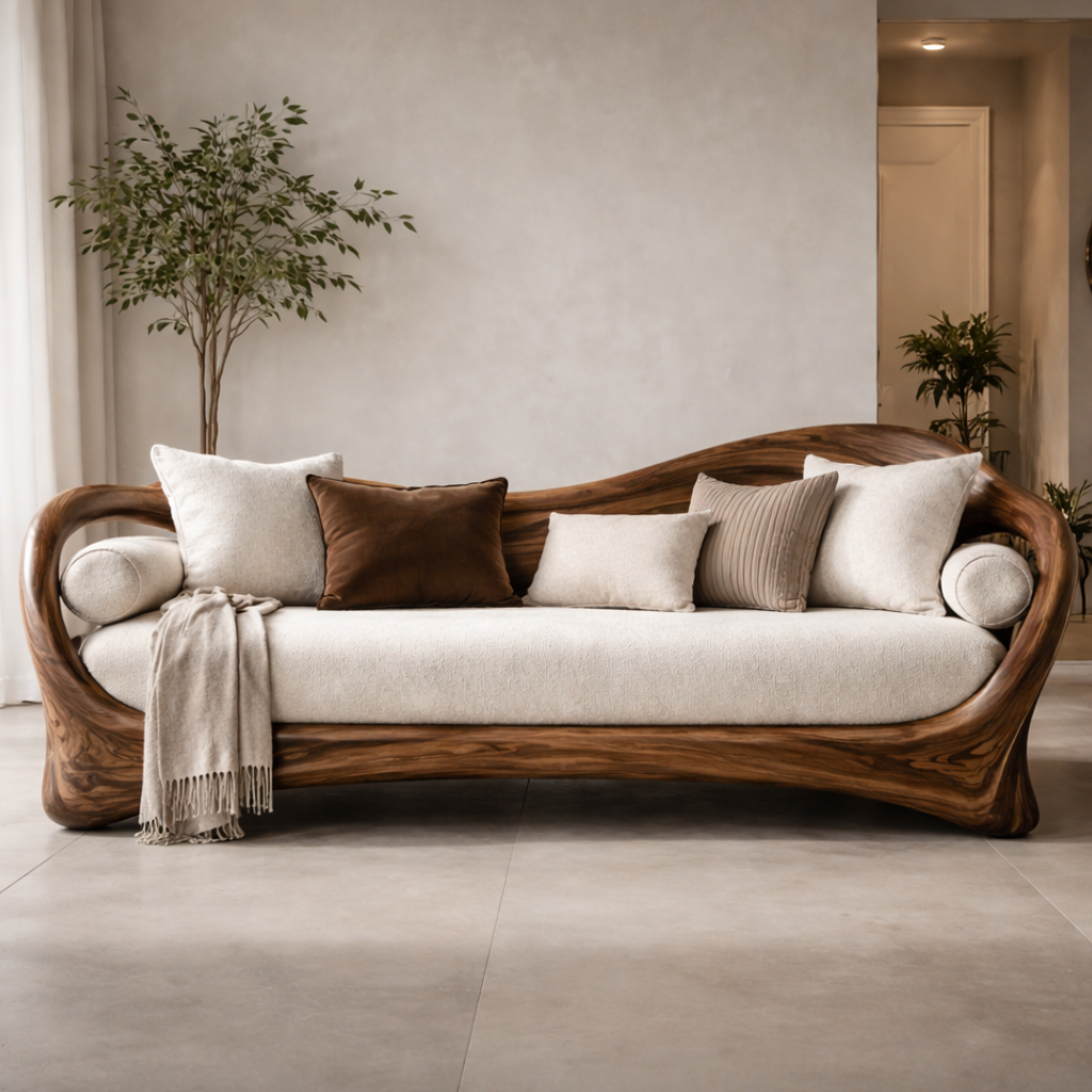 Sculptural Curved Wood Frame Sofa With Soft Cushioned Seat