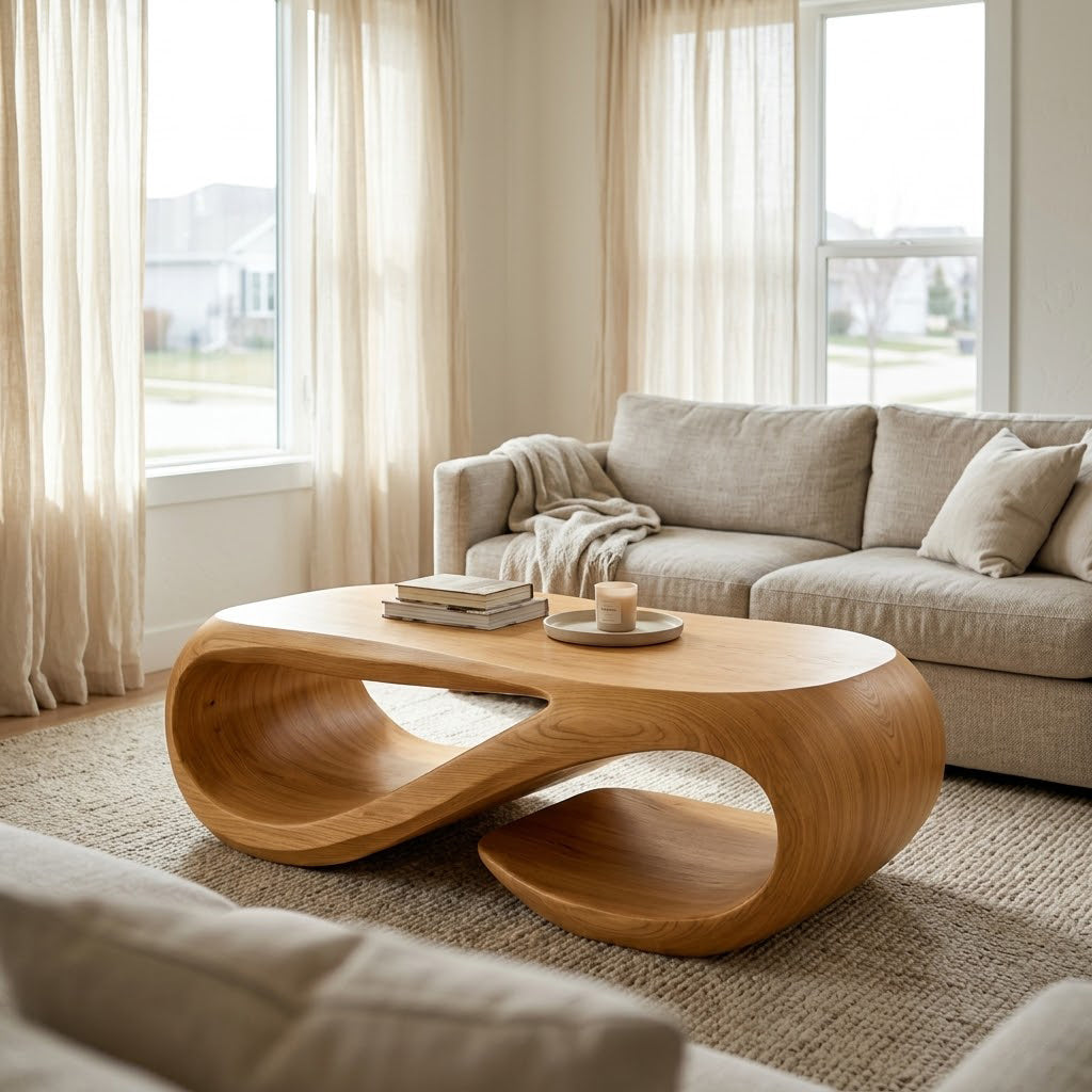Sculptural Hollow Base Solid Wood Coffee Table