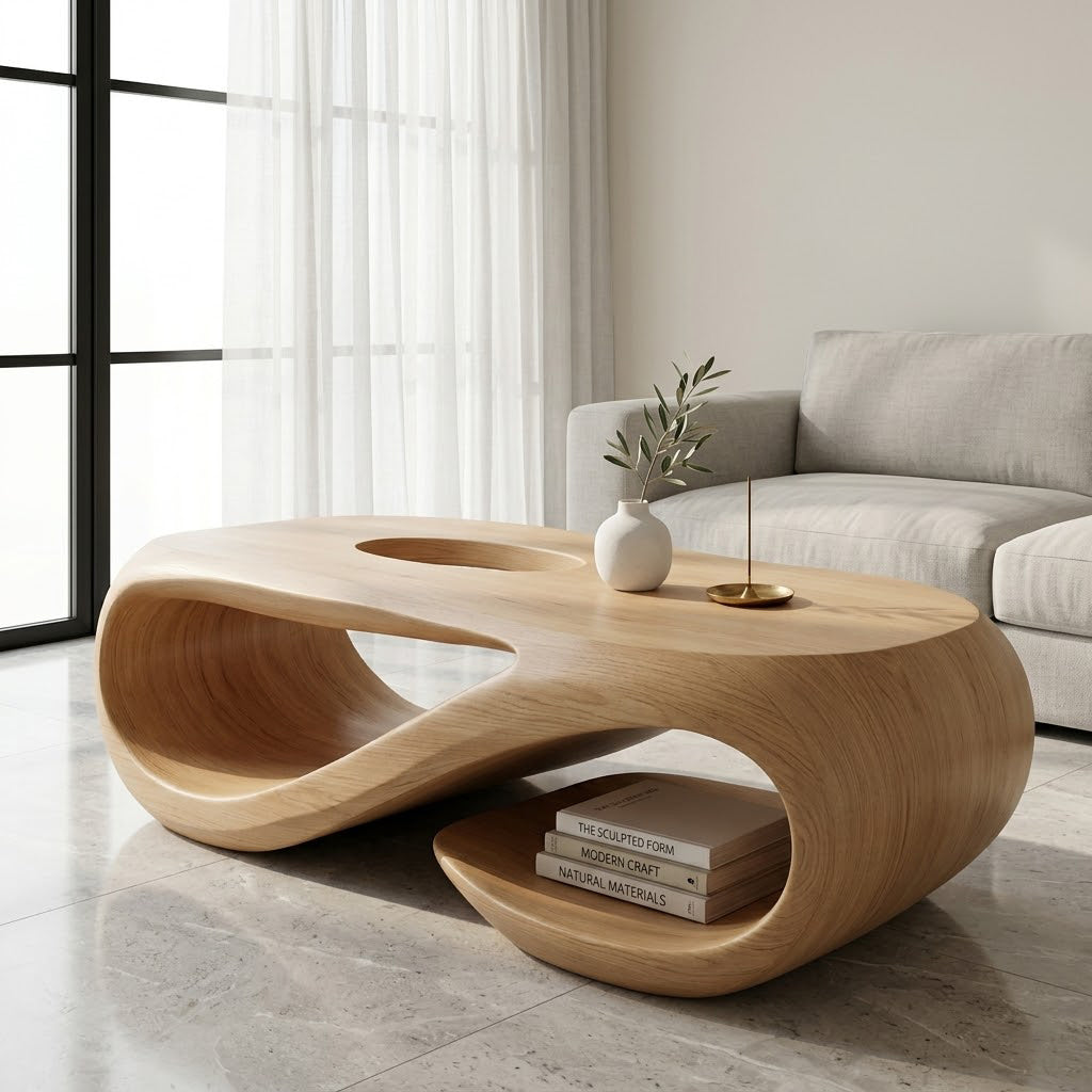 Sculptural Hollow Base Solid Wood Coffee Table