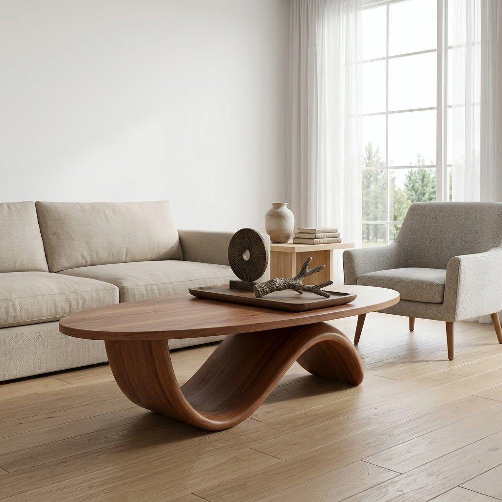 Sculptural Ribbon Base Solid Wood Coffee Table