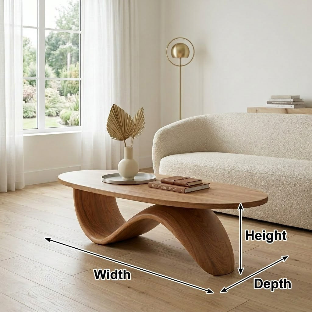 Sculptural Ribbon Base Solid Wood Coffee Table For Living Room