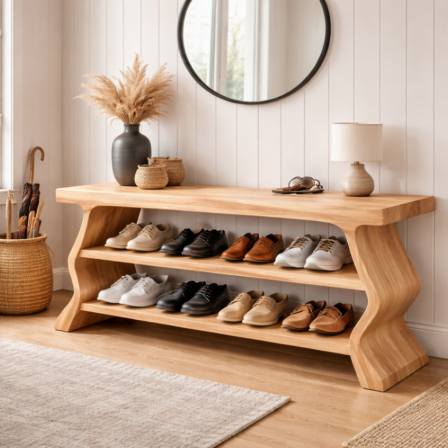Shoelle Sculptural Solid Wood Shoe Bench Cabinet For Entryway
