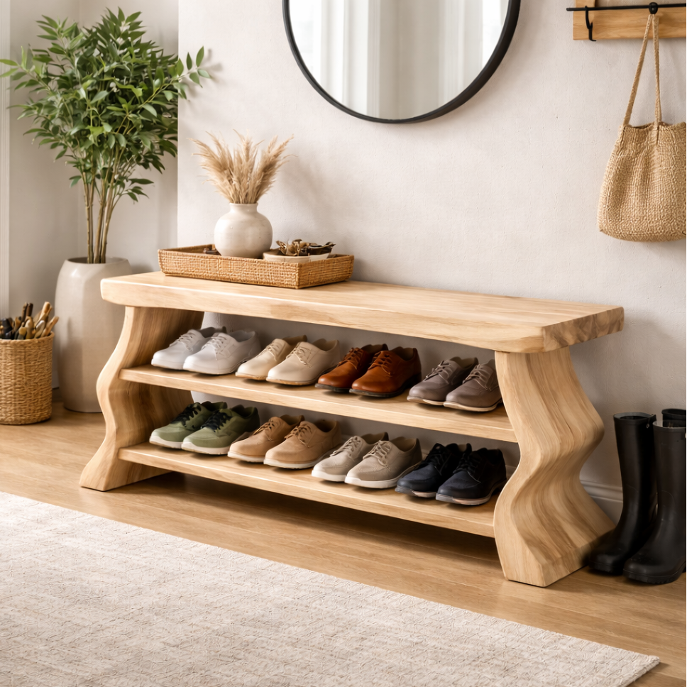 Shoelle Sculptural Solid Wood Shoe Bench Cabinet For Entryway