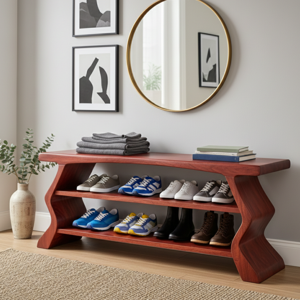 Shoelle Sculptural Solid Wood Shoe Bench Cabinet For Entryway