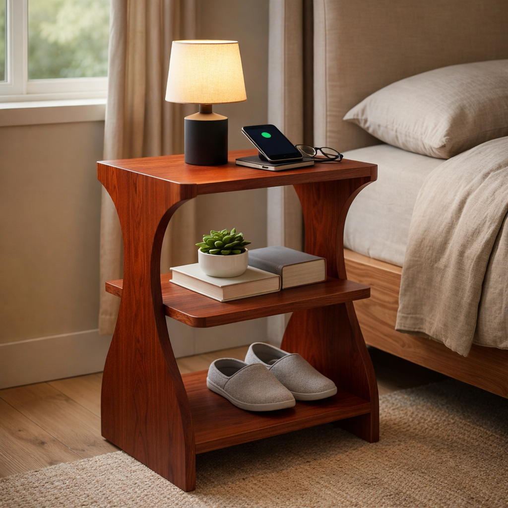 Nelvion Curved Solid Wood Side Table With Storage For Living Room