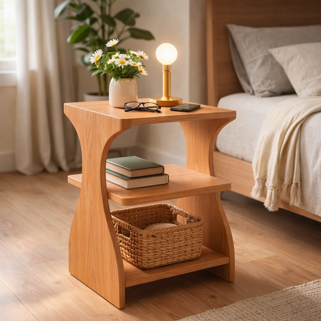 Nelvion Curved Solid Wood Side Table With Storage For Living Room