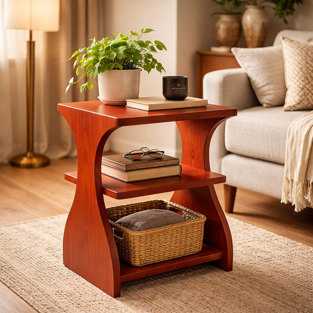 Nelvion Curved Solid Wood Side Table With Storage For Living Room