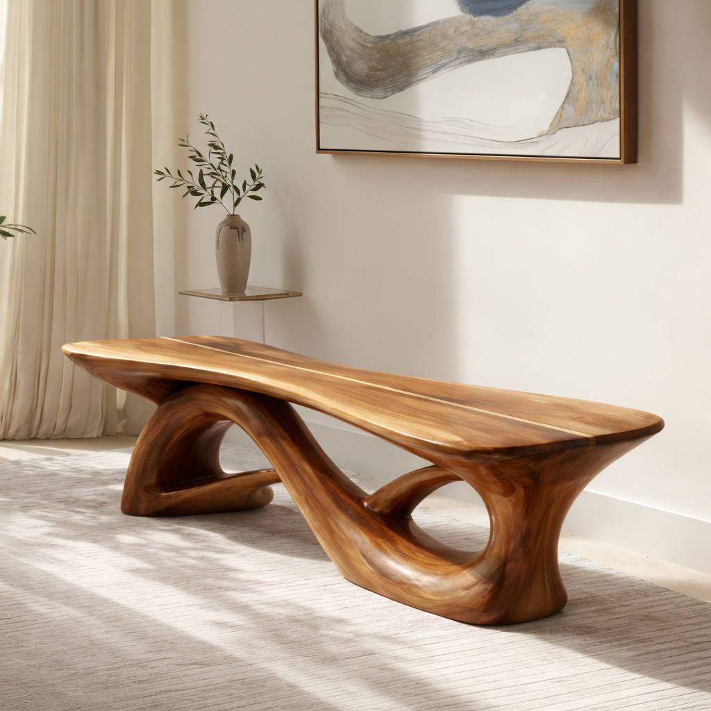 Sculptural Solid Wood Bench, Modern Organic Entryway Seating