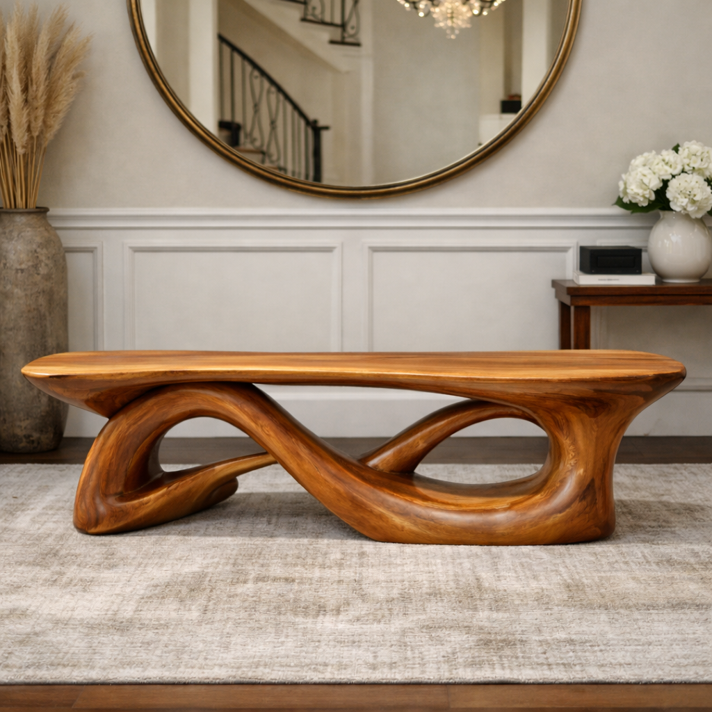 Sculptural Solid Wood Bench, Modern Organic Entryway Seating