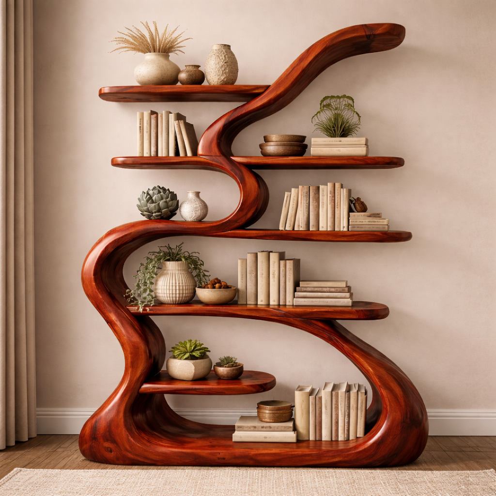 Sculptural Solid Wood Bookshelf With Organic Flowing Design