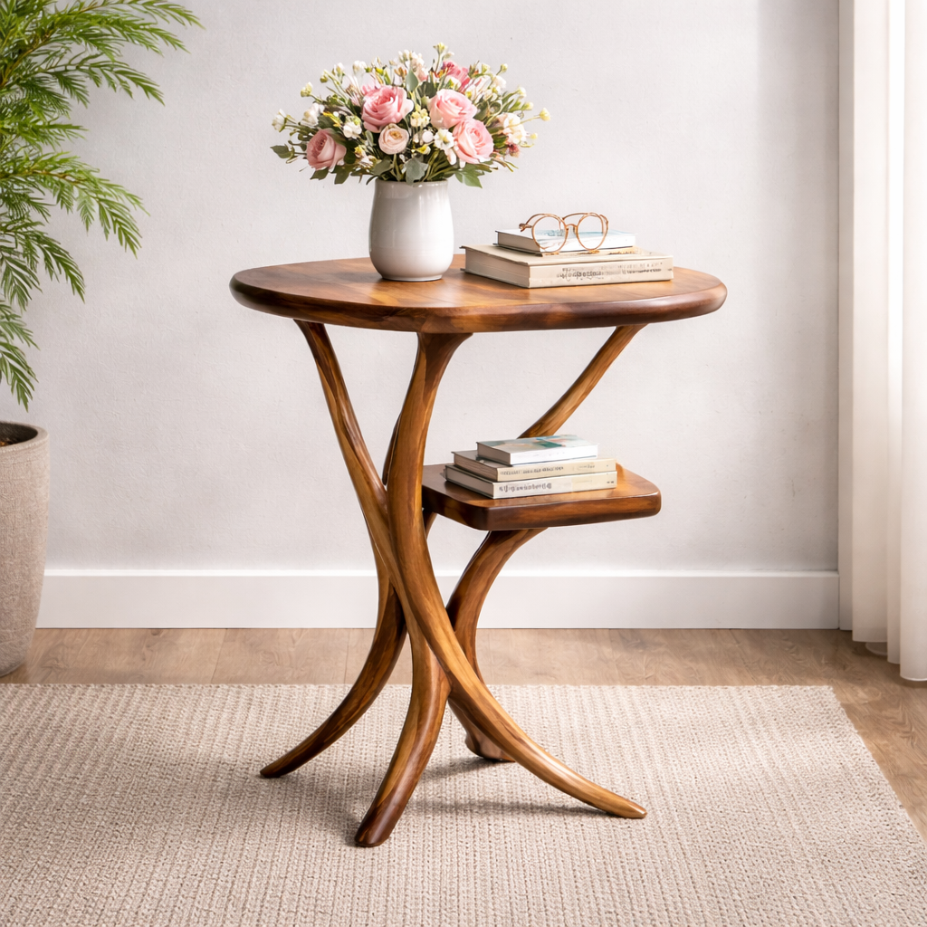 Sculptural Solid Wood Side Table With Lower Shelf
