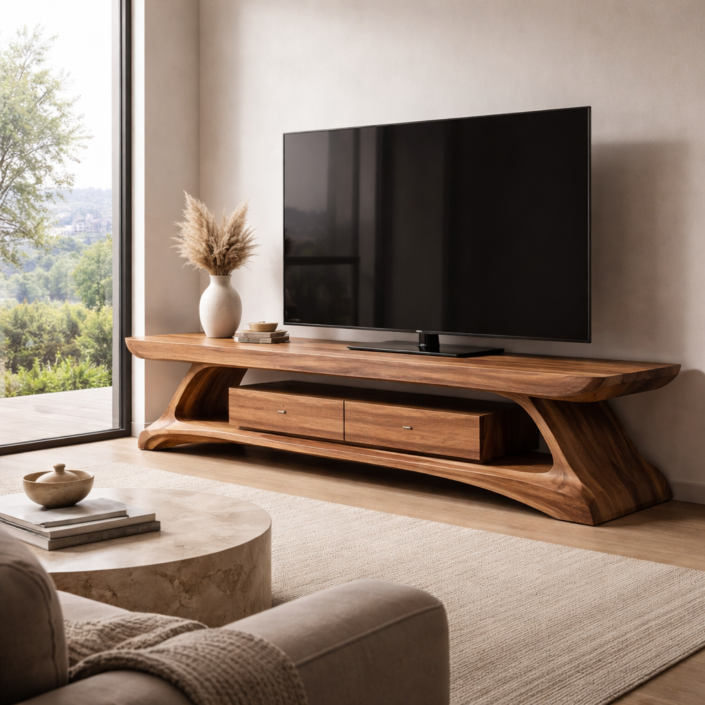 Sculptural Solid Wood TV Stand with Organic Curves and Elegant Design