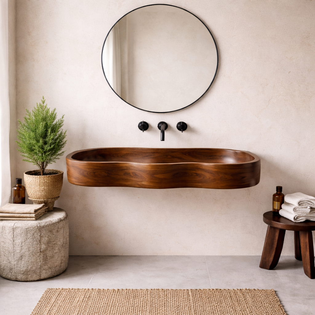 Sculptural Solid Wood Vanity Sink, Organic Modern Wall-Mounted Basin