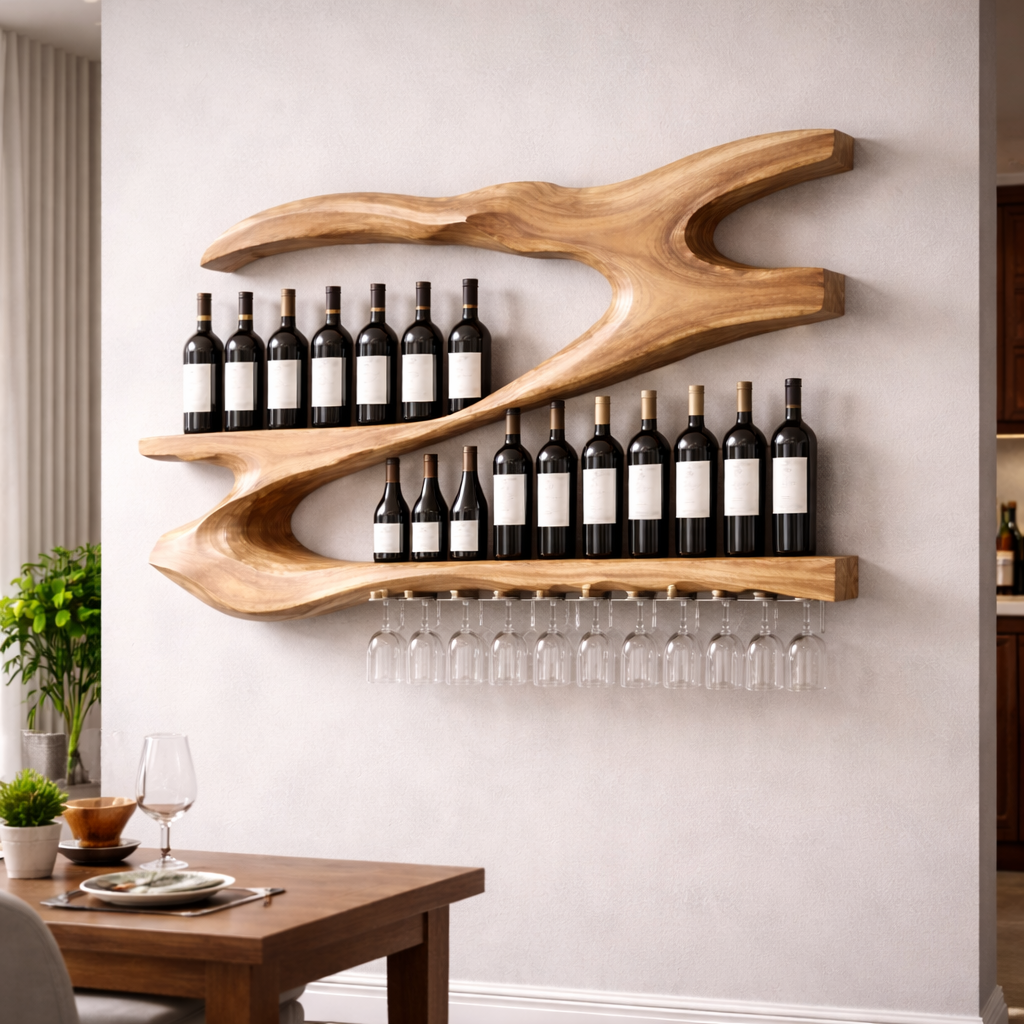 Sculptural Wine Holder Shelf in Natural Wood