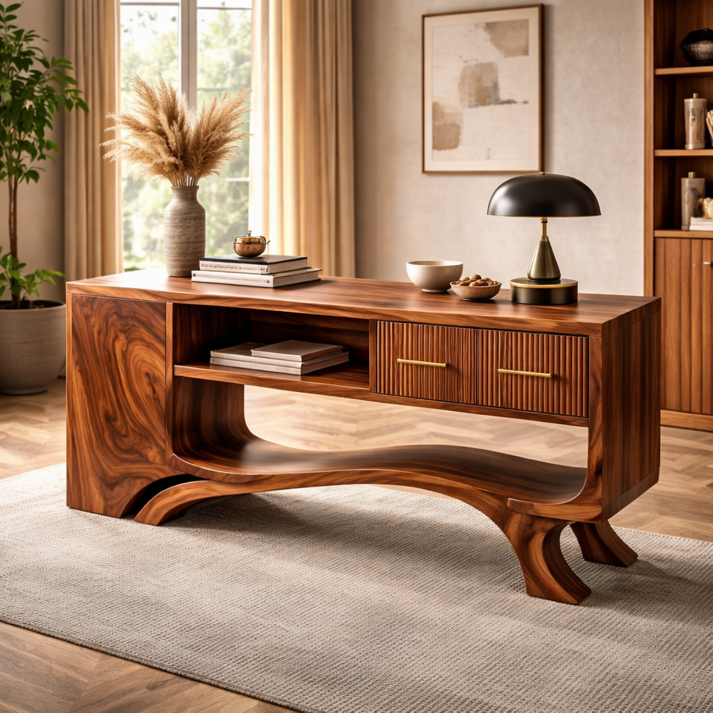 Sculptural Wood Table with Elegant Curved Design and Modern Detailing