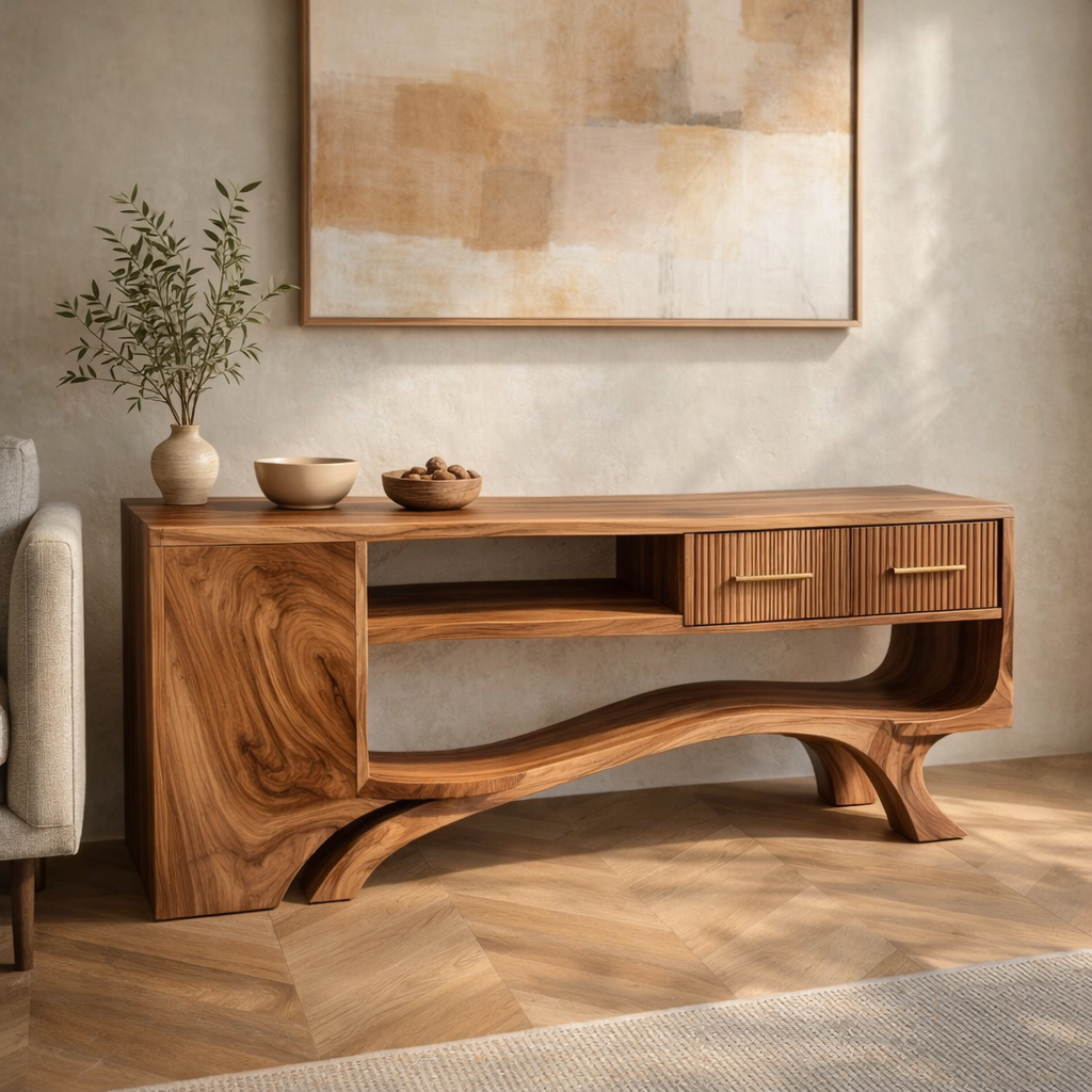 Sculptural Wood Table with Elegant Curved Design and Modern Detailing