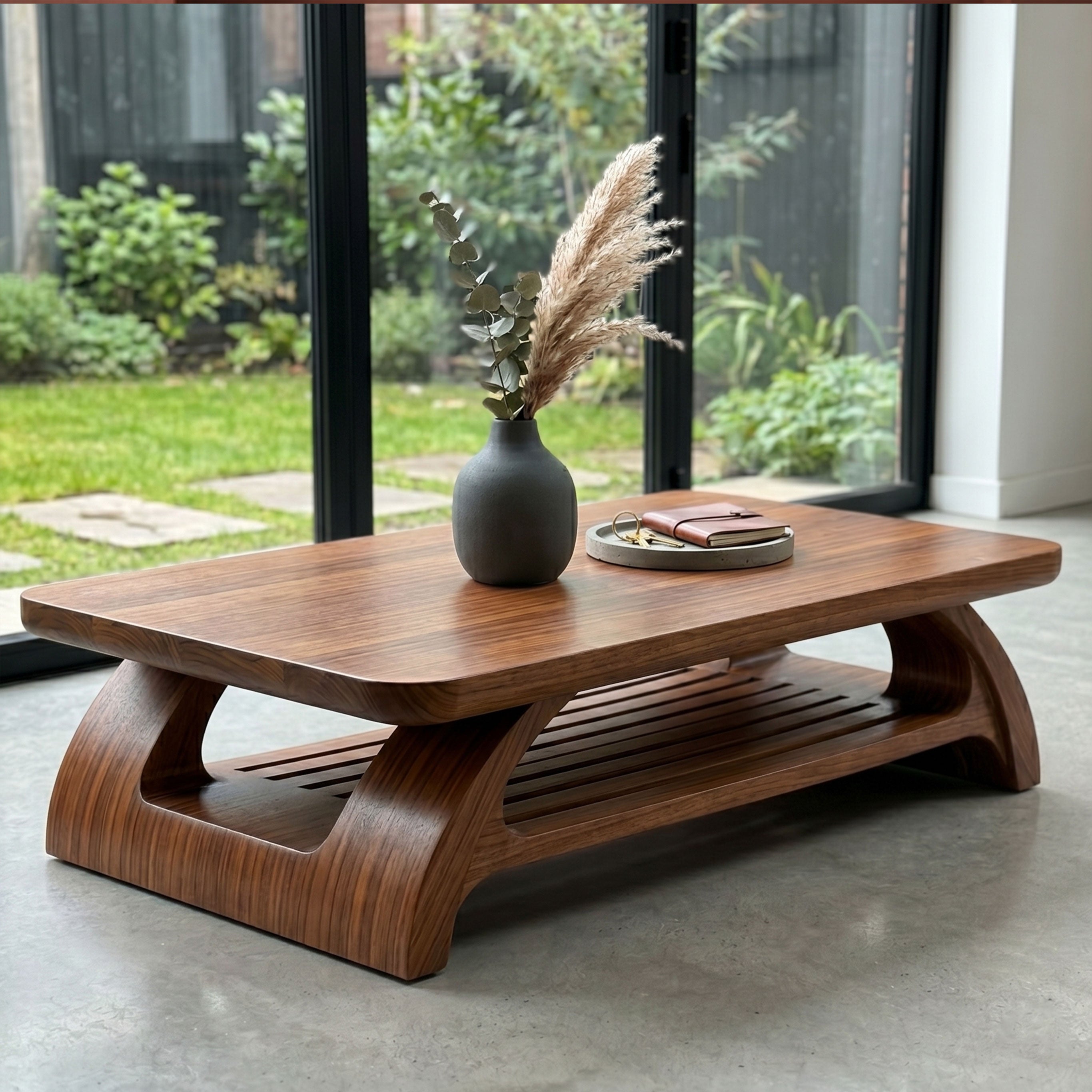 Sculptural Wooden Coffee Table with Open Shelf and Organic Design
