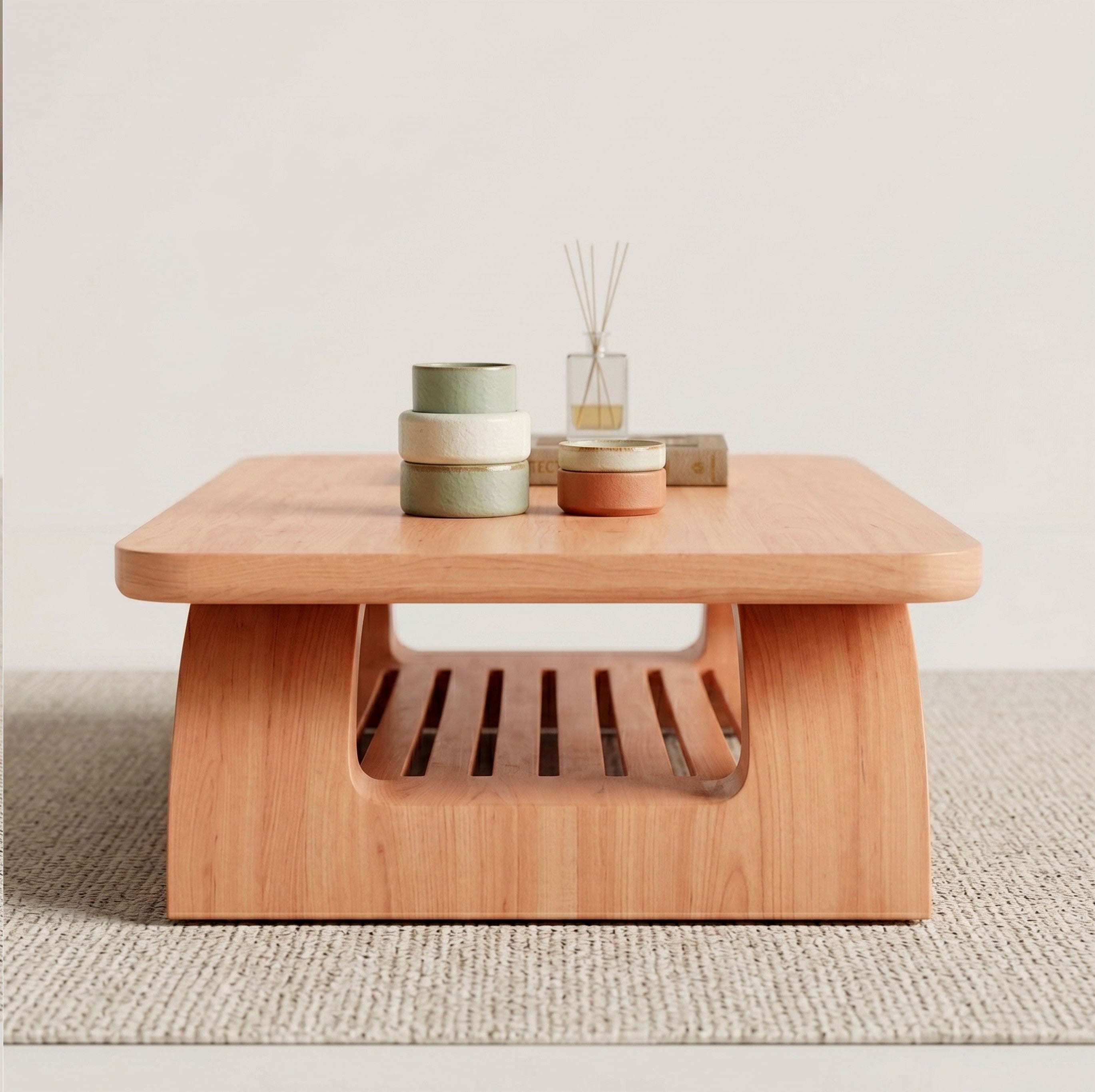 Sculptural Wooden Coffee Table with Open Shelf and Organic Design