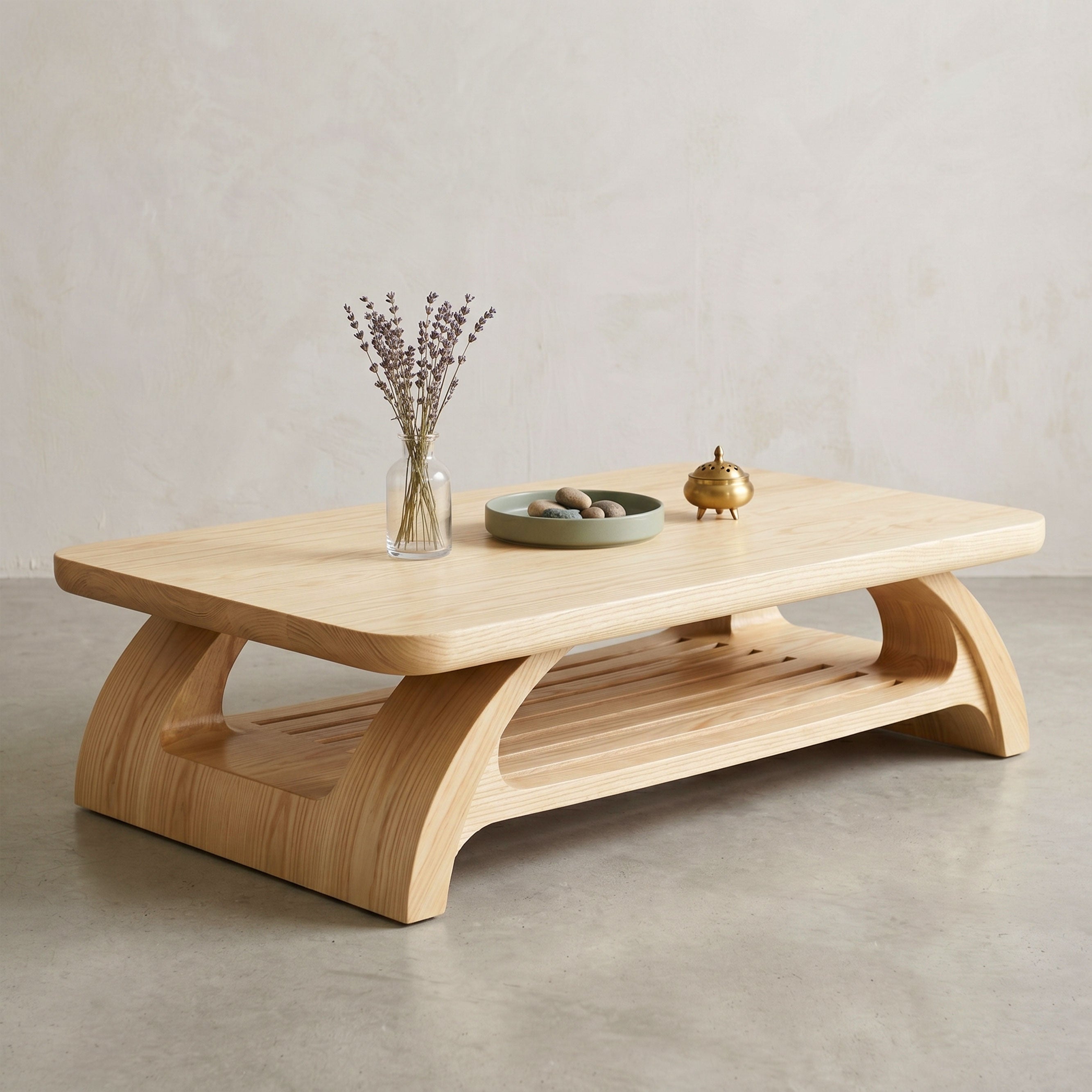 Sculptural Wooden Coffee Table with Open Shelf and Organic Design
