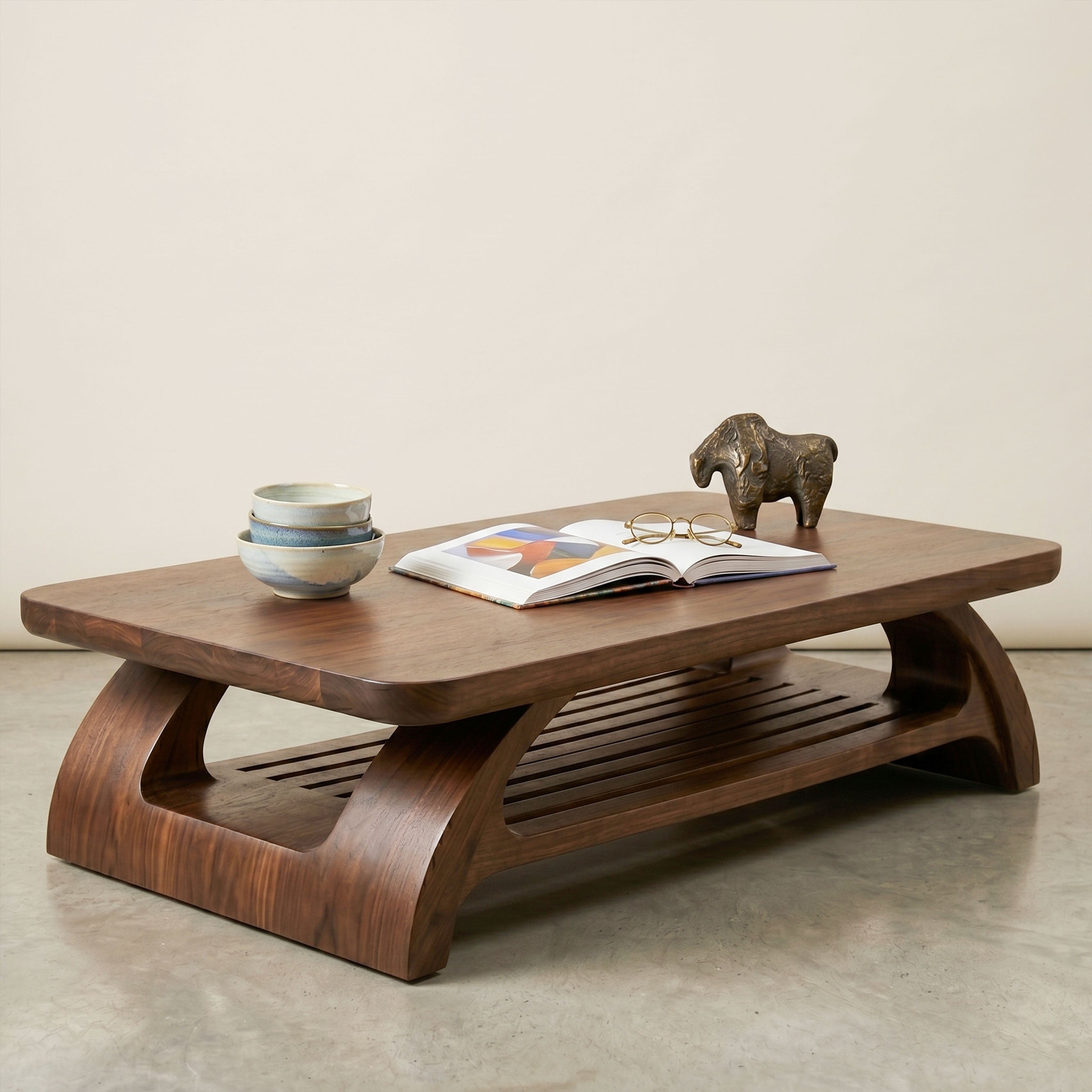 Sculptural Wooden Coffee Table with Open Shelf and Organic Design