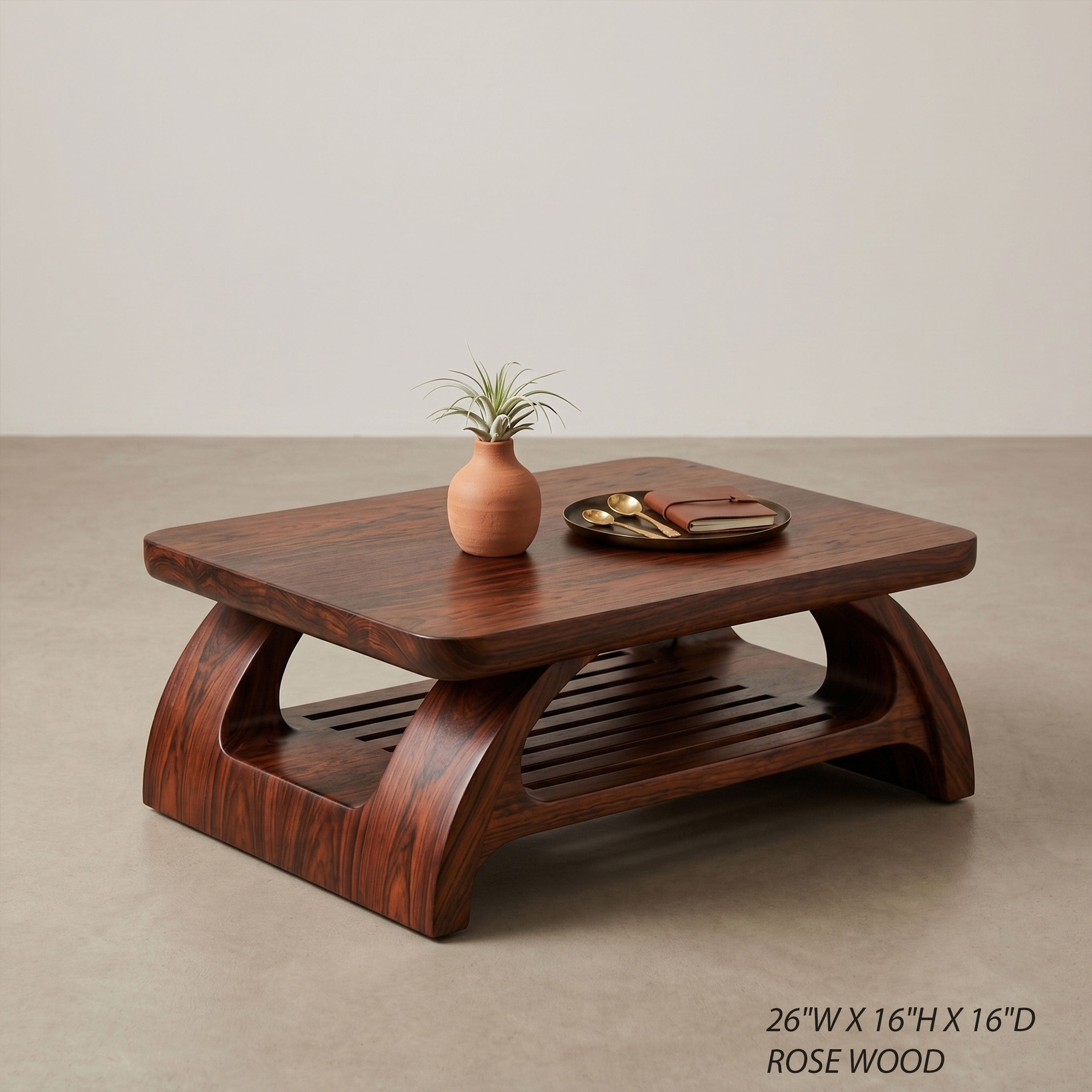 Sculptural Wooden Coffee Table with Open Shelf and Organic Design