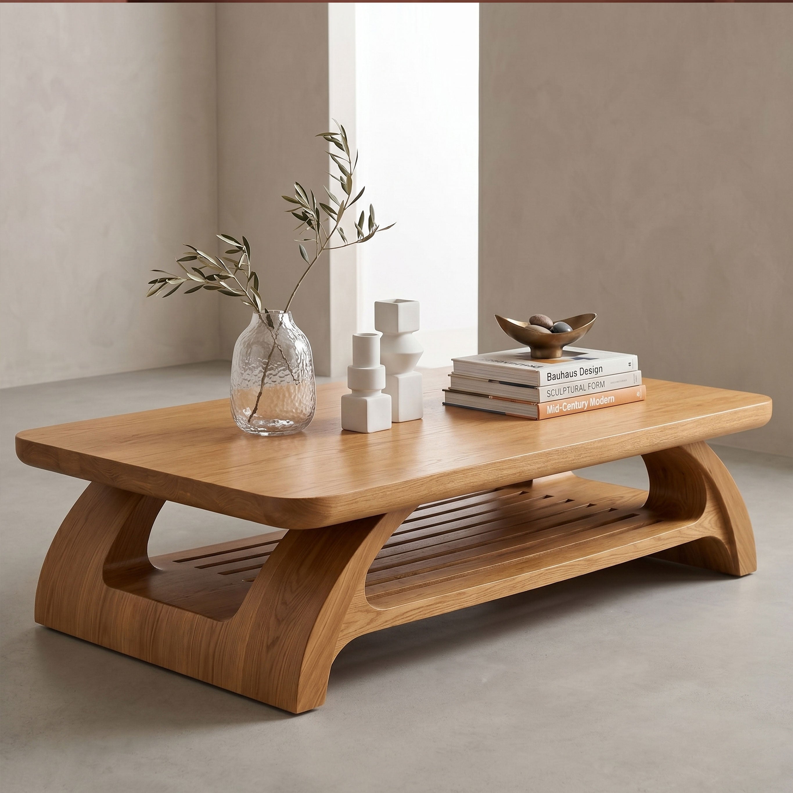 Sculptural Wooden Coffee Table with Open Shelf and Organic Design