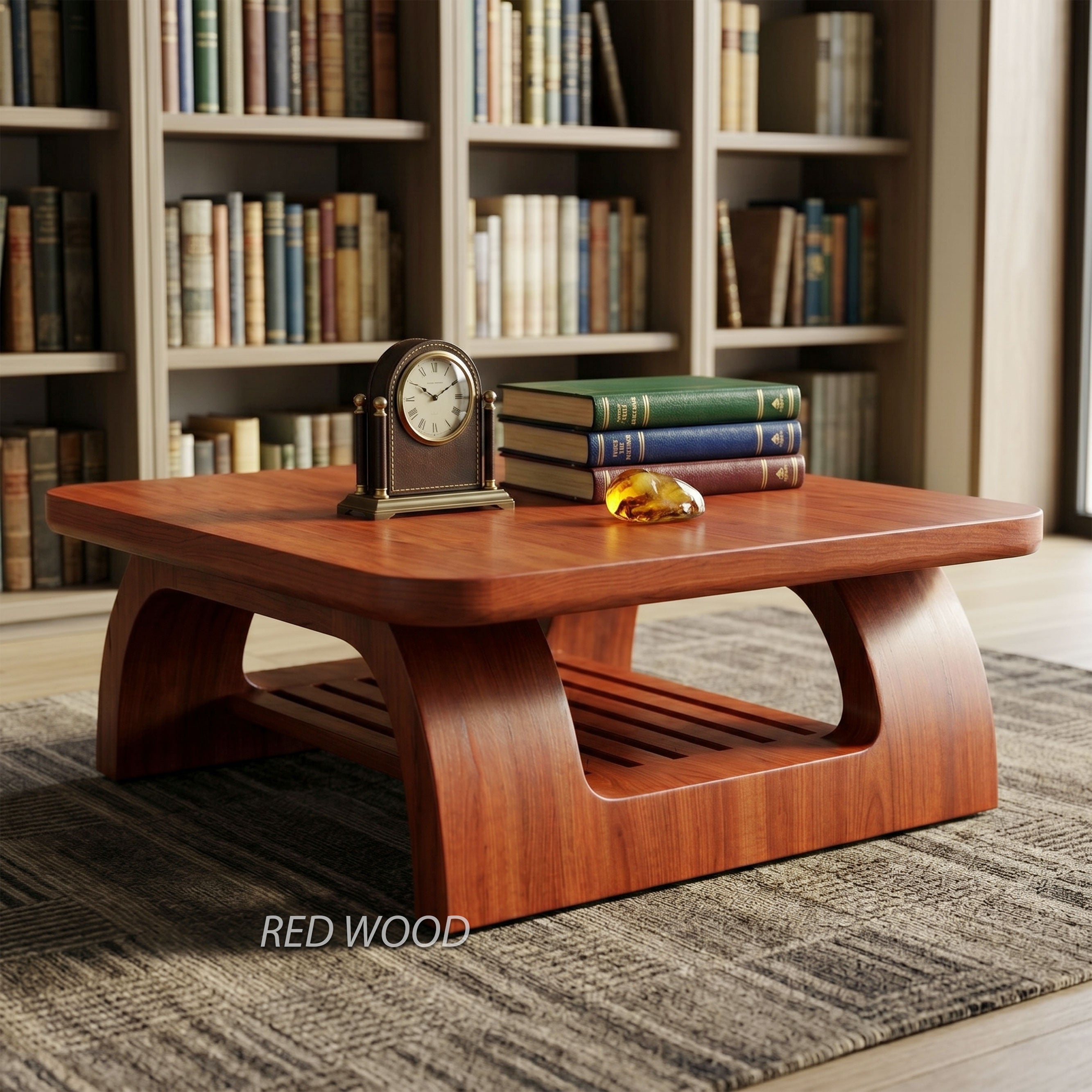 Sculptural Wooden Coffee Table with Open Shelf and Organic Design