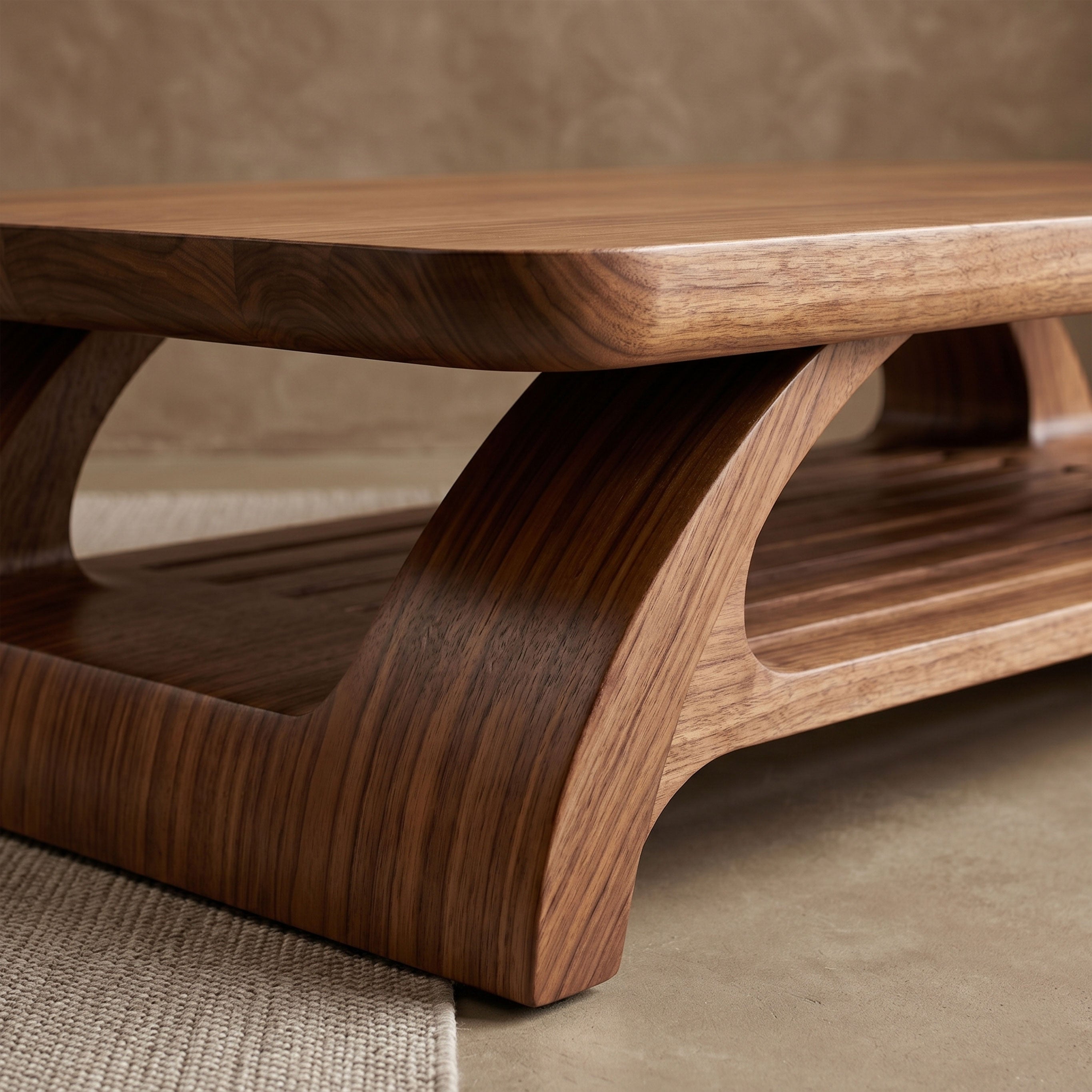 Sculptural Wooden Coffee Table with Open Shelf and Organic Design