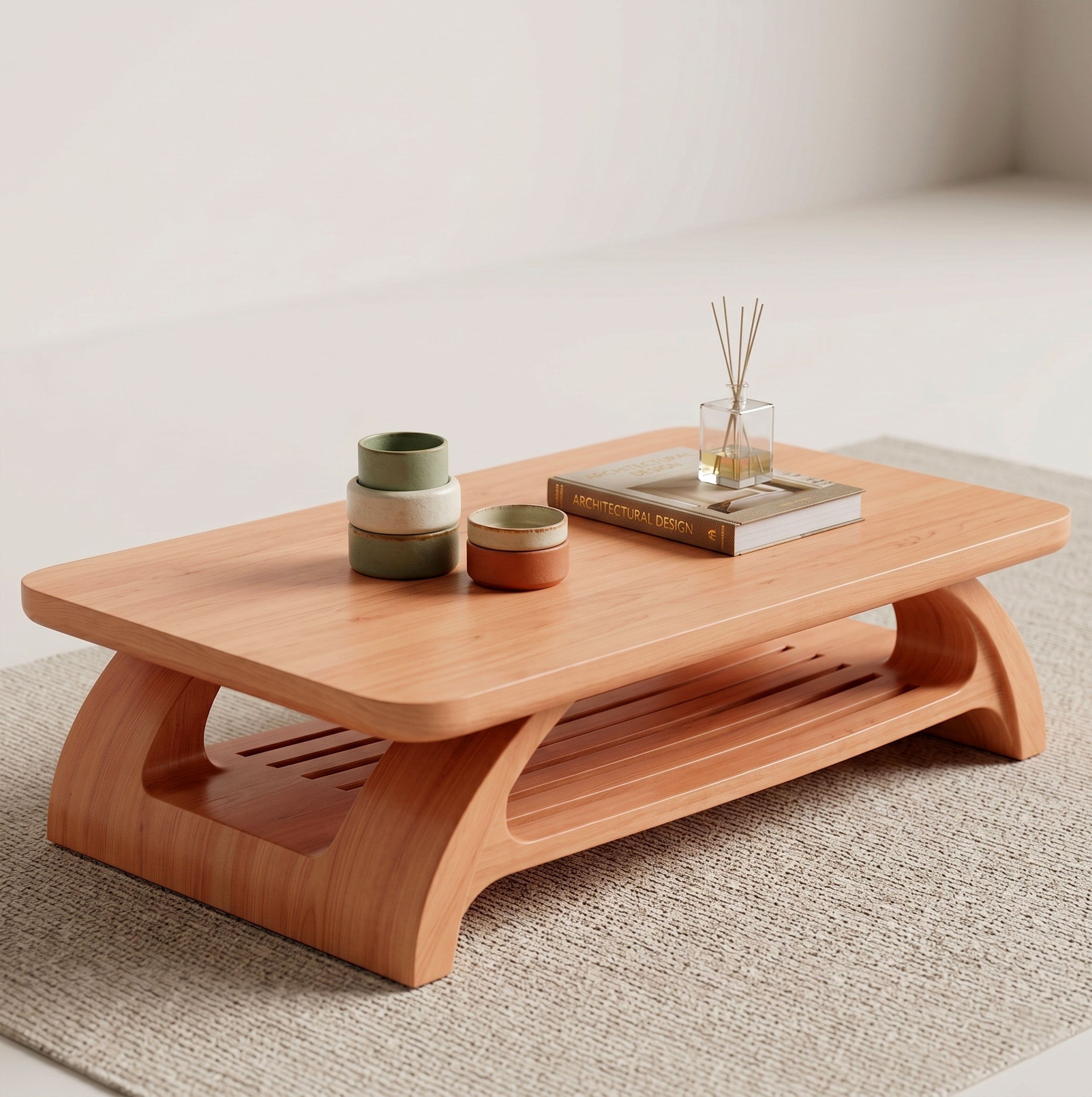 Sculptural Wooden Coffee Table with Open Shelf and Organic Design