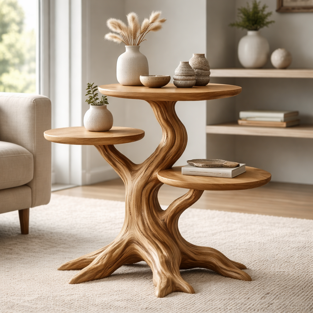 Sculptural Wooden End Table with Organic Branch Base and Tiered Tops