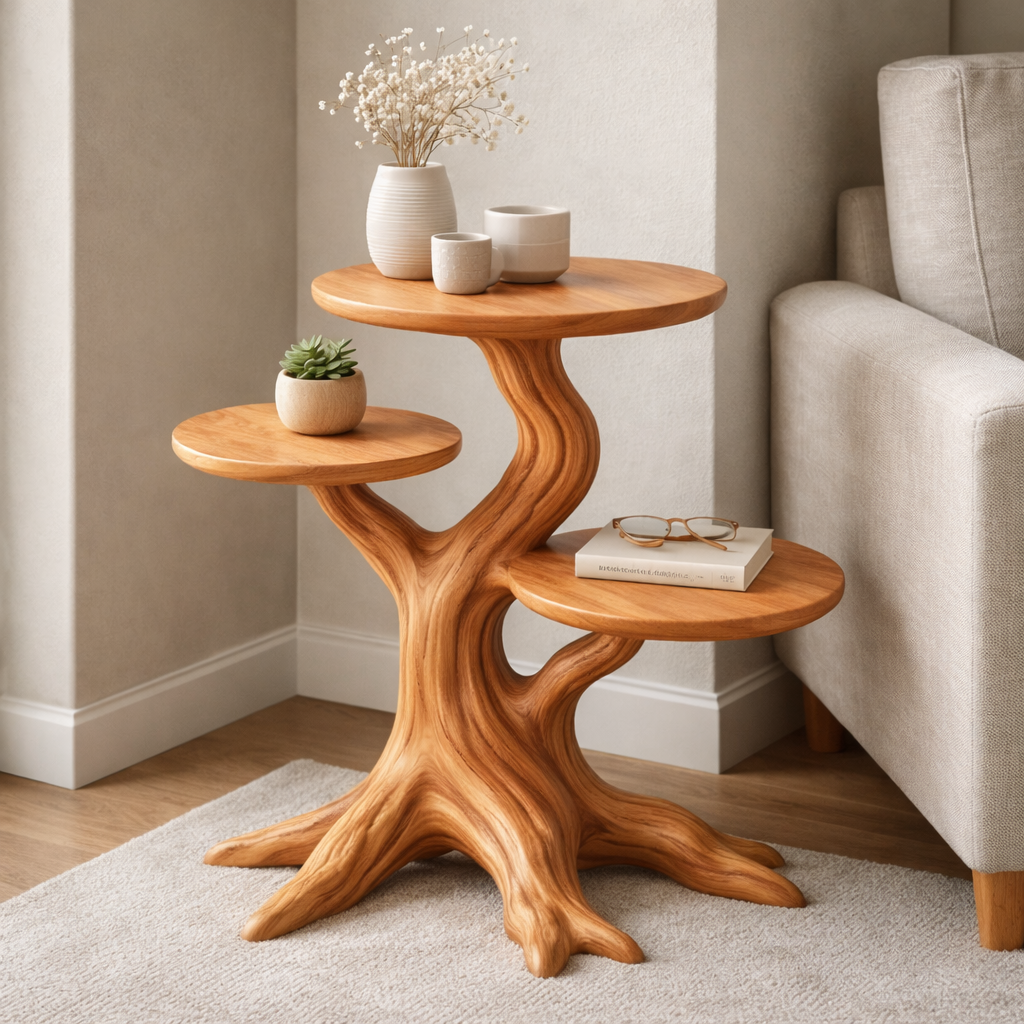 Sculptural Wooden End Table with Organic Branch Base and Tiered Tops