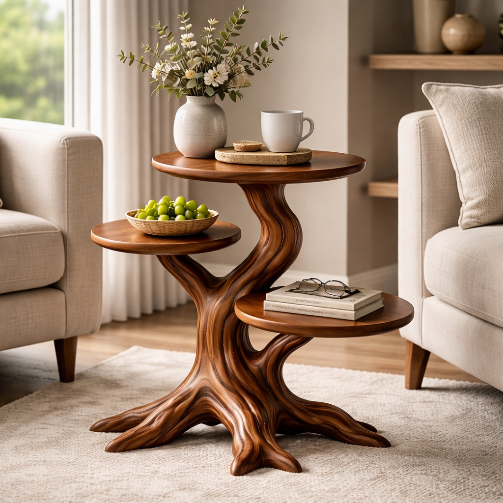Sculptural Wooden End Table with Organic Branch Base and Tiered Tops