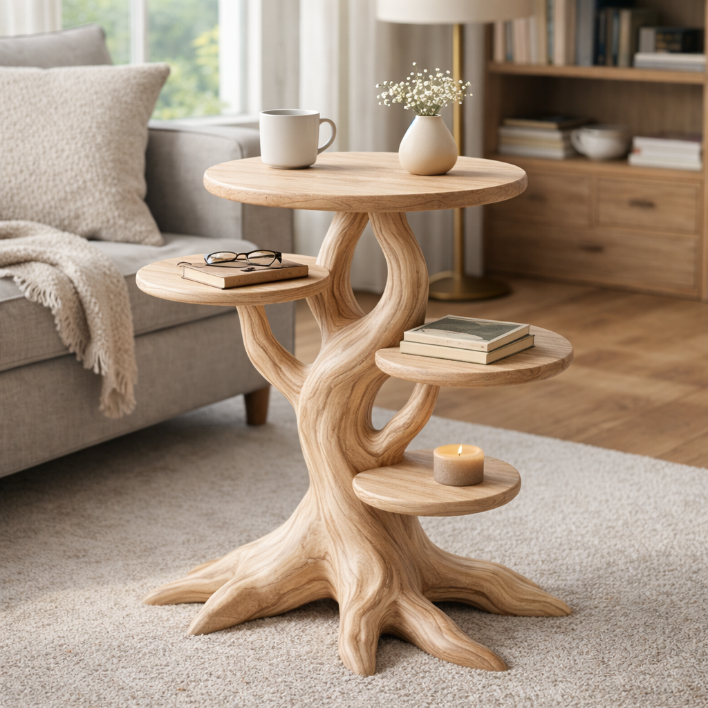 Sculptural Wooden End Table with Organic Tree-Inspired Design