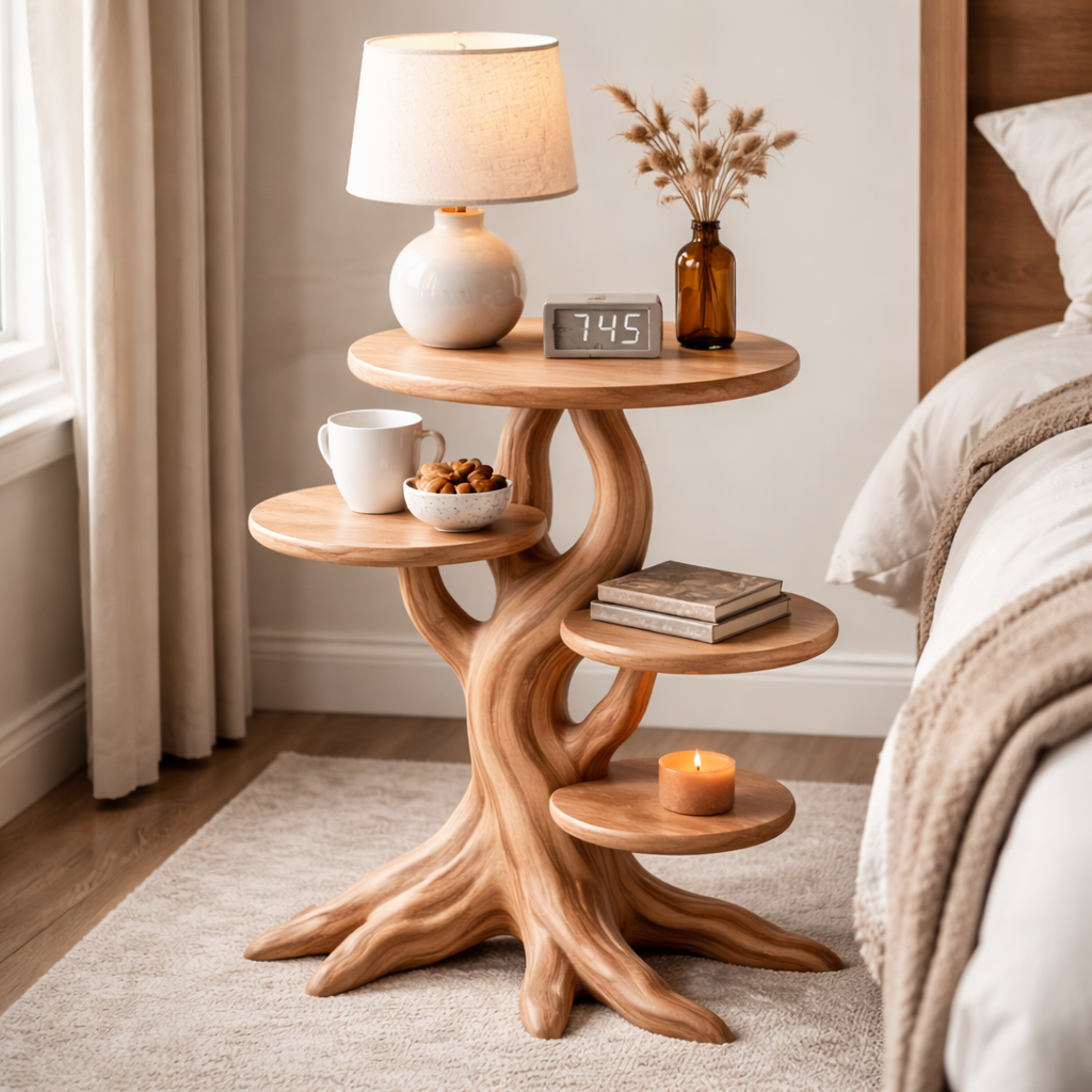 Sculptural Wooden End Table with Organic Tree-Inspired Design
