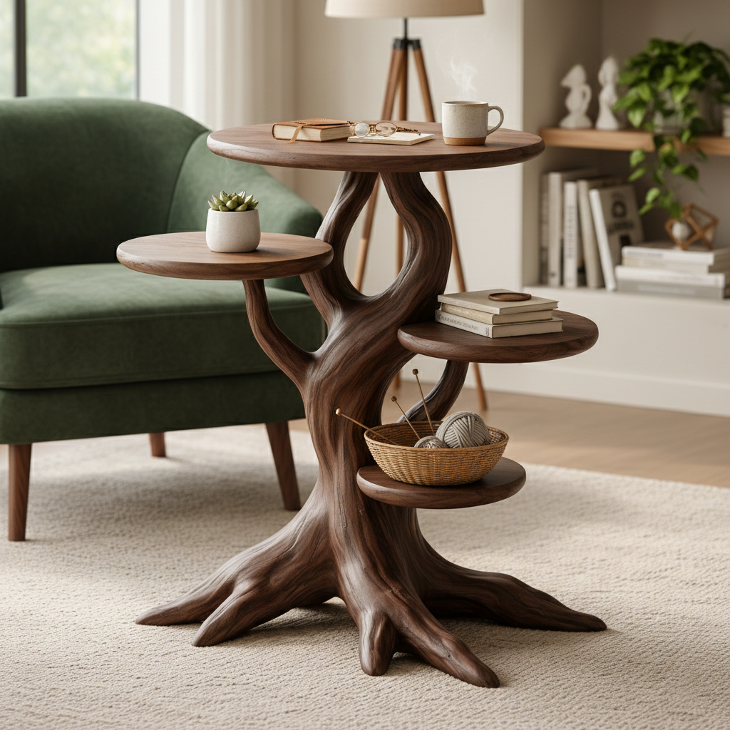 Sculptural Wooden End Table with Organic Tree-Inspired Design