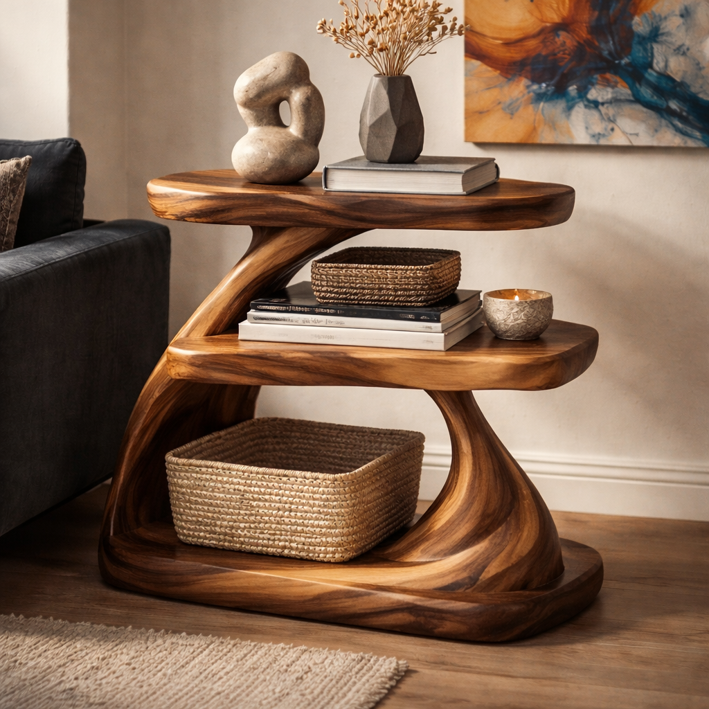 Sculptural Wooden Side Table with Organic Curves and Elegant Storage
