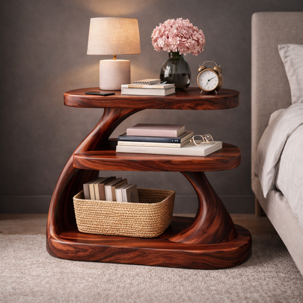 Elegara Curved Solid Wood Side Table With Storage For Bedroom