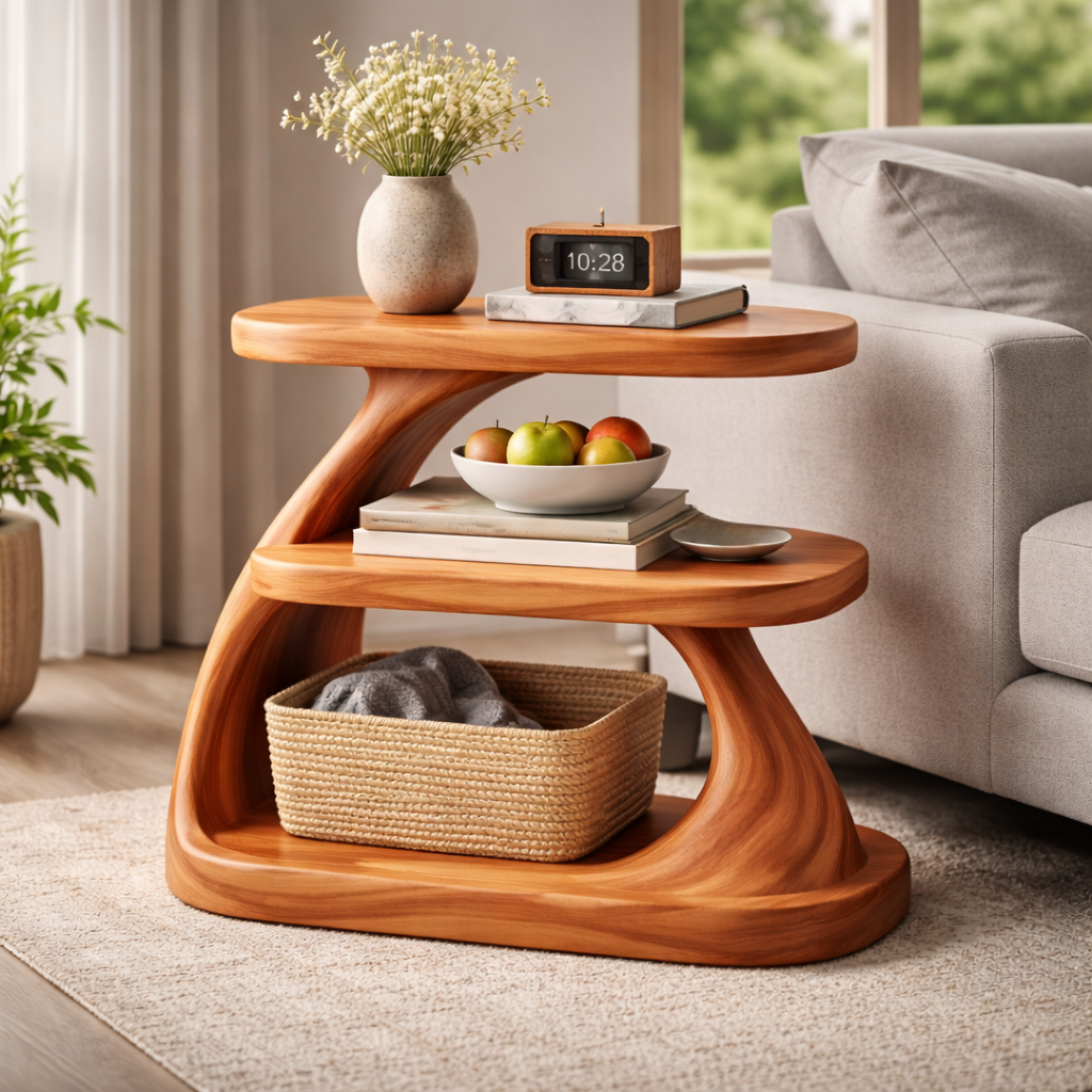 Elegara Curved Solid Wood Side Table With Storage For Bedroom