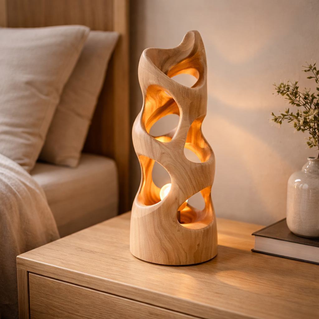 Sculptural Wooden Table Lamp with Carved Glow and Organic Form