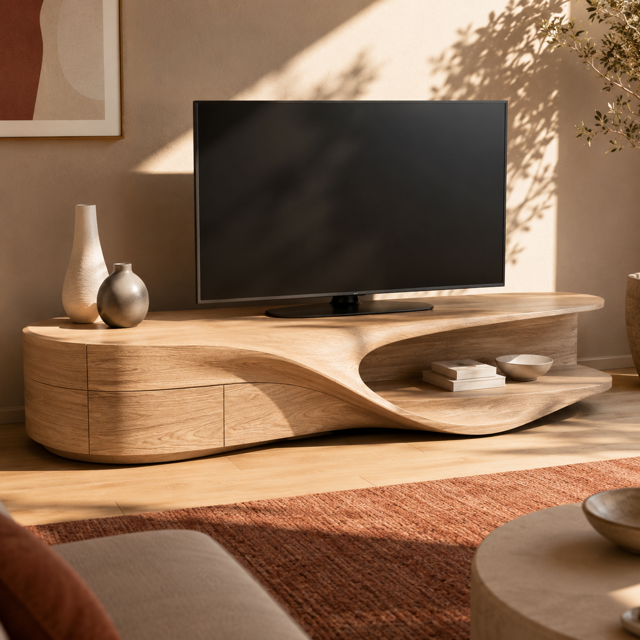 Flowen Sculptural Solid Wood Media Console For Living Room