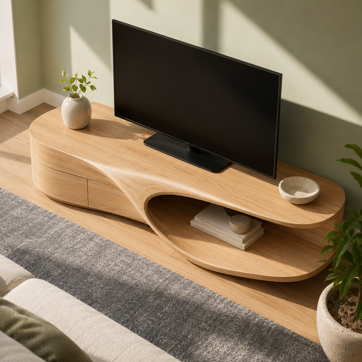 Flowen Sculptural Solid Wood Media Console For Living Room