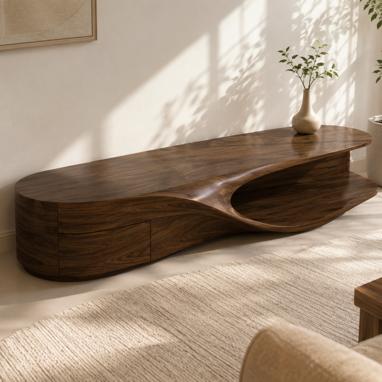 Flowen Sculptural Solid Wood Media Console For Living Room